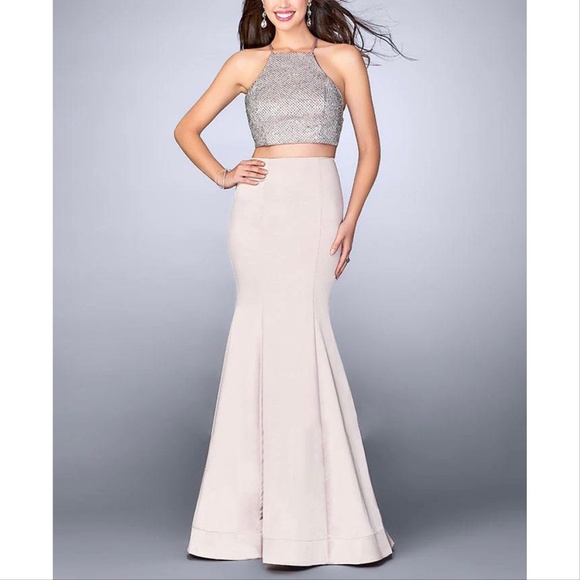 La Femme 24243 Beaded Lace-Up Back Top Satin Skirt Two Piece Dress
